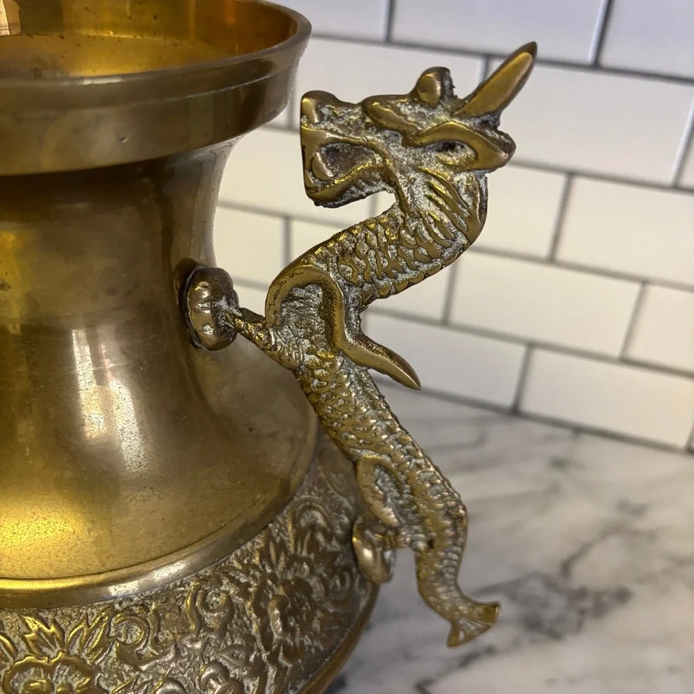 Vintage Brass Dragon Handles Floral Embossed Heavy Urn Style Vase Made in Korea